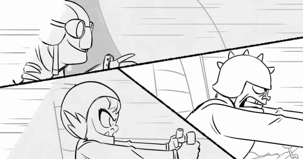 Plano médio dos pilotos Slowala (em cima), Minki Golden (em baixo à esquerda) e Gnash Calloway (em baixo à esquerda).