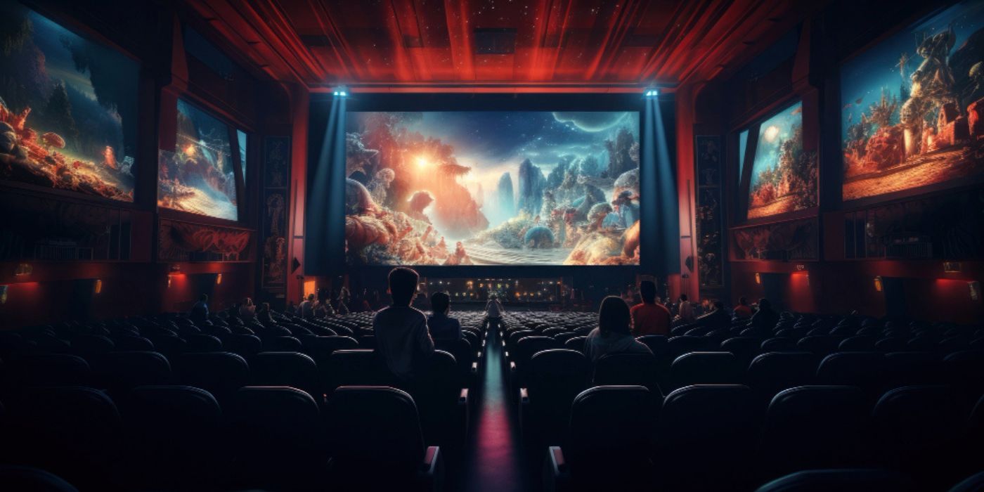 sala de cinema com pessoas assistindo a uma imagem do universo