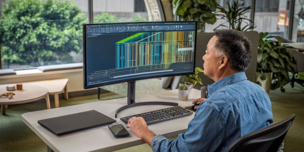 homem usando autocad em um escritório