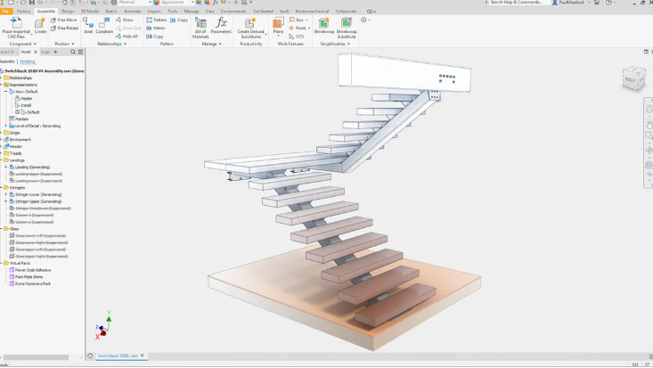 Modelagem de um sistema completo de escadas no Autodesk Inventor. Cortesia da Viewrail.