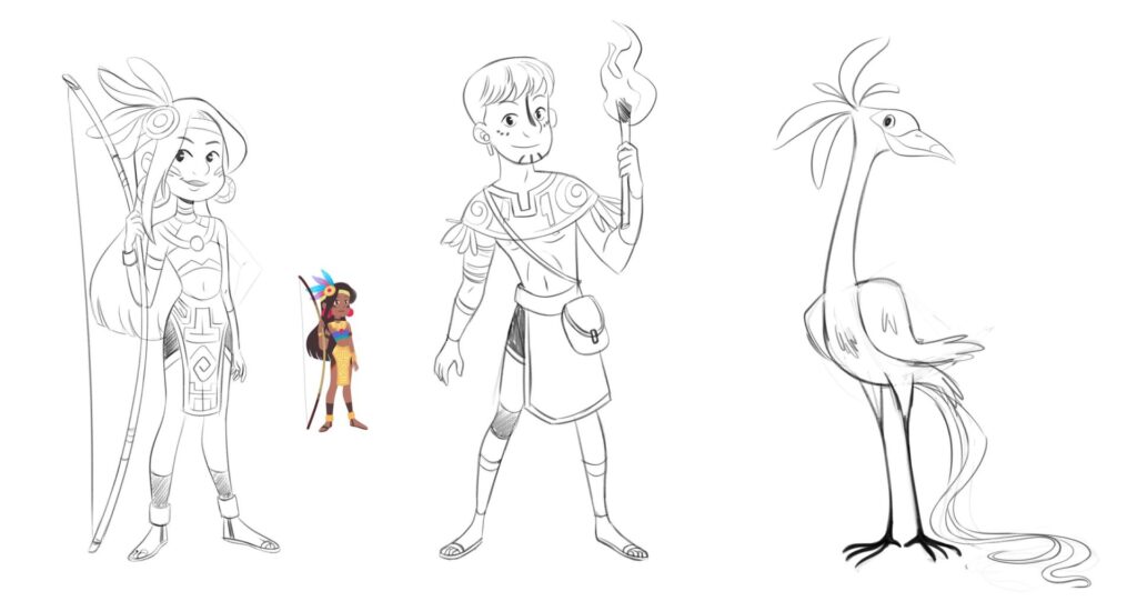 Explorações de personagens para Lost Amazon, com Yandara, Kauã e Aruanã.