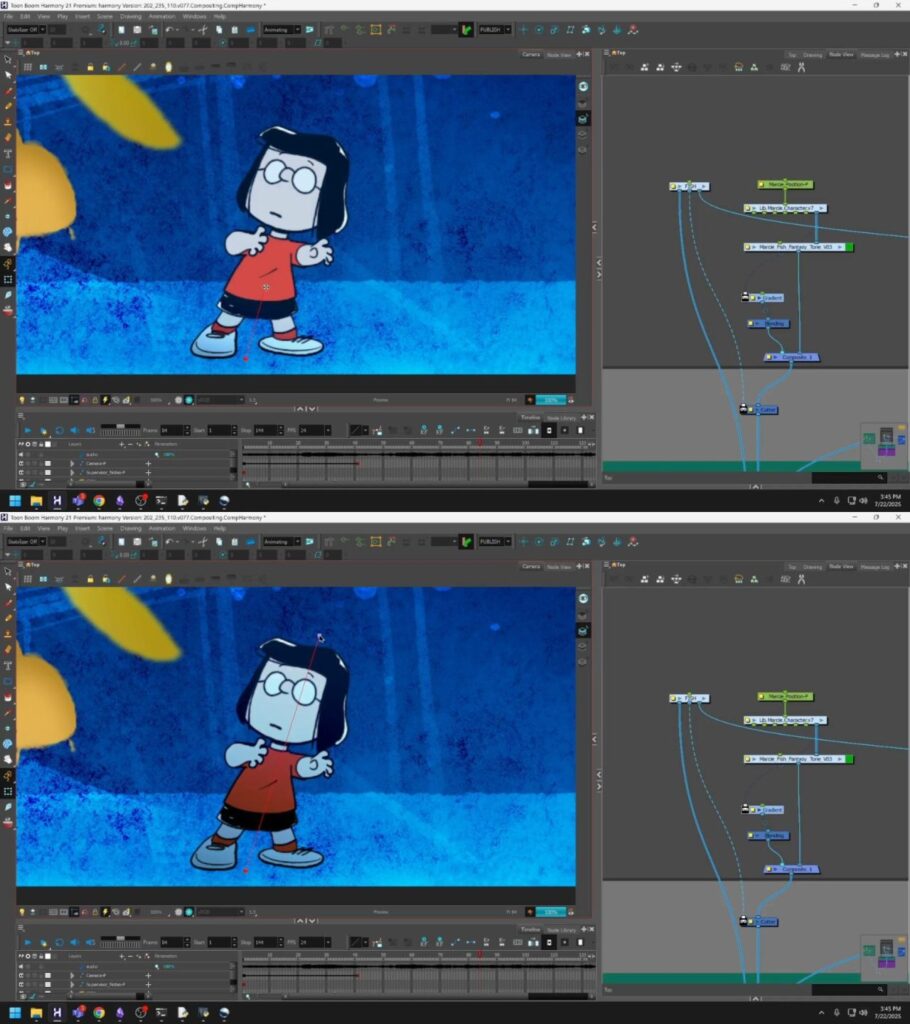 Um gradiente combinado com um nó de mesclagem pode ser uma ferramenta poderosa para composição. Fornecido pela WildBrain Studios.